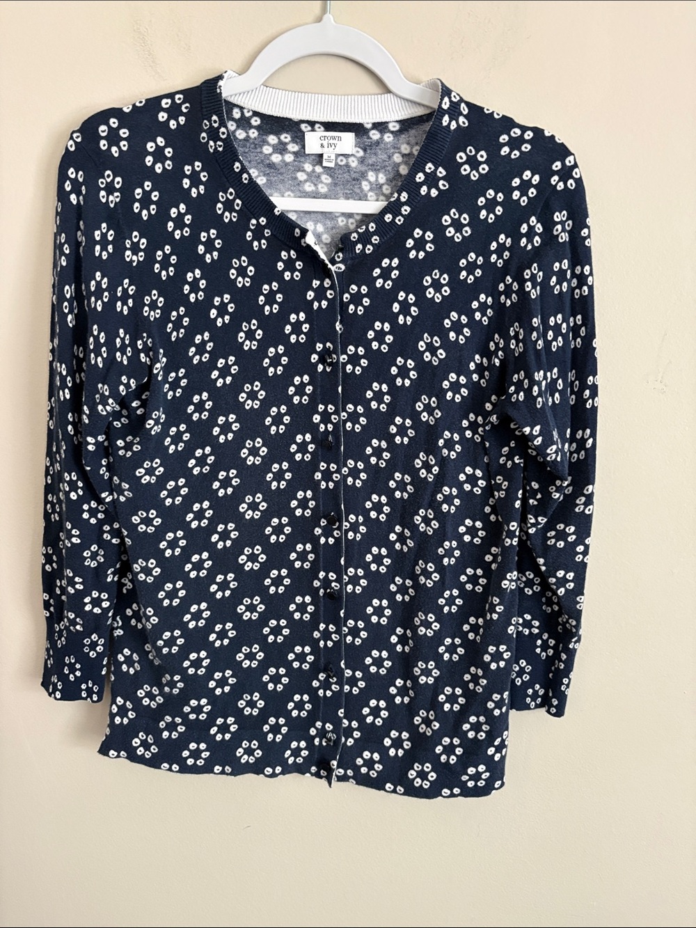 crown & ivy Navy Button-Front Floral Dot Shirt